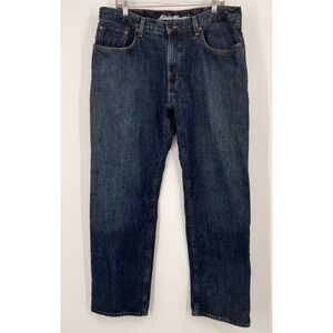 Eddie Bauer Mens Relaxed Fit Flannel Plaid Lined Jeans Dark Wash Blue 38x34